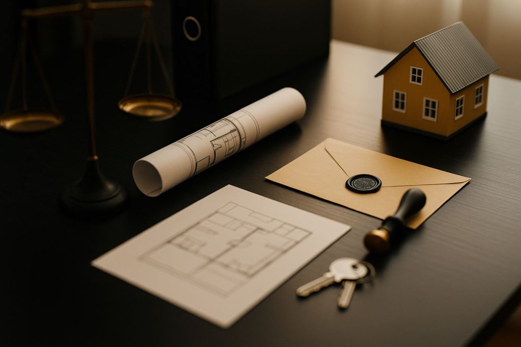 Strategi cegah konflik waris melalui perencanaan aset keluarga. Ilustrasi profesional tanpa teks dan tanpa manusia. Nuansa hitam dengan aksen #FED03D dan pencahayaan lembut. Simbol properti dan dokumen legal tersusun rapi dalam komposisi landscape.