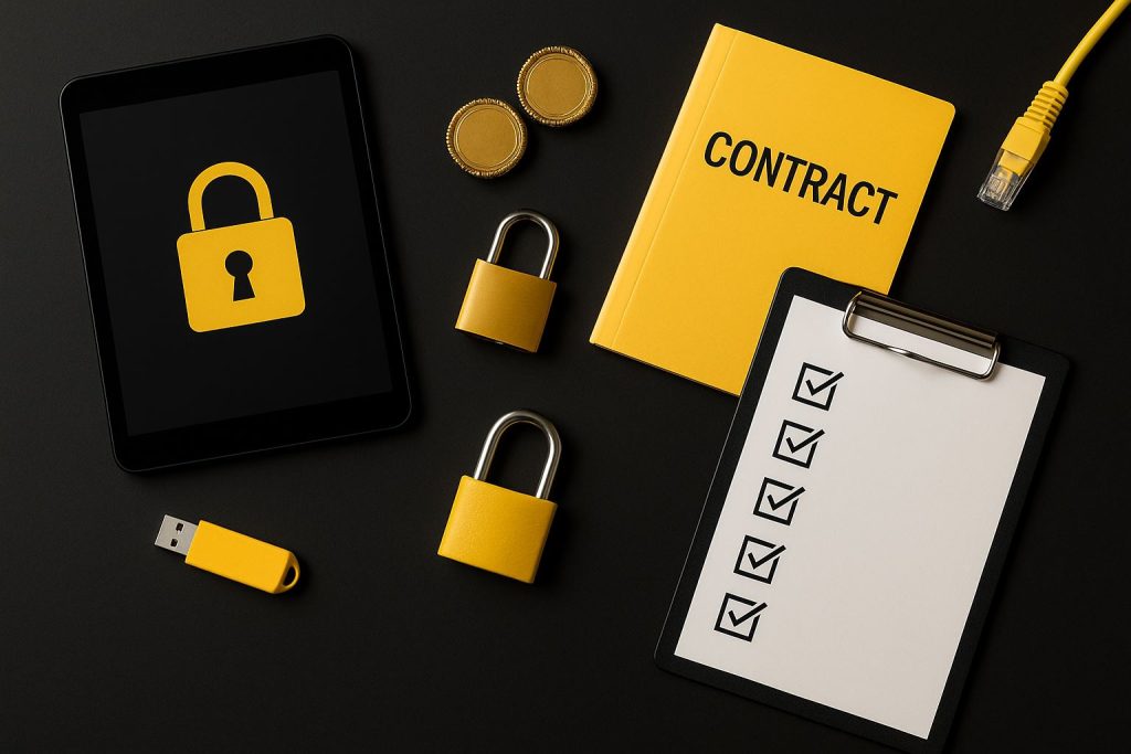 Checklist kepatuhan digital UKM yang menampilkan simbol keamanan, dokumen kontrak, dan perangkat digital di atas meja hitam elegan. Ilustrasi ultra-realistic profesional tanpa manusia dan tanpa teks, dengan pencahayaan lembut serta aksen warna #FED03D yang menonjolkan detail kepatuhan modern.