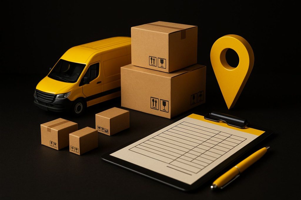 Strategi last mile Indonesia digambarkan melalui miniatur truk pengiriman, paket logistik, dan penanda lokasi berwarna #FED03D di atas latar hitam elegan. Ilustrasi ultra-realistic profesional tanpa teks dan tanpa manusia, menyoroti efisiensi distribusi UMKM dari cold chain hingga COD dengan pencahayaan lembut.