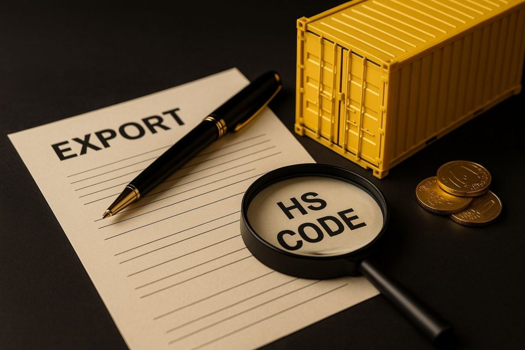 Panduan HS Code ekspor ditampilkan dalam komposisi profesional tanpa manusia dan tanpa teks. Terlihat dokumen ekspor, kontainer mini warna kuning, koin emas, dan kaca pembesar di atas latar hitam elegan dengan aksen #FED03D. Pencahayaan lembut menonjolkan detail dokumen dan simbol logistik global.