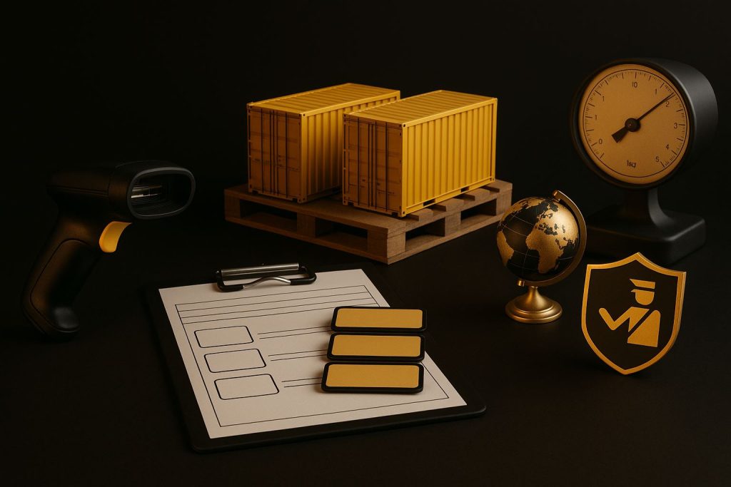 Panduan HS code ekspor yang menyorot proses klasifikasi barang, simulasi dokumen, palet kontainer, scanner, timbangan, dan simbol bea cukai untuk menghitung biaya tersembunyi.