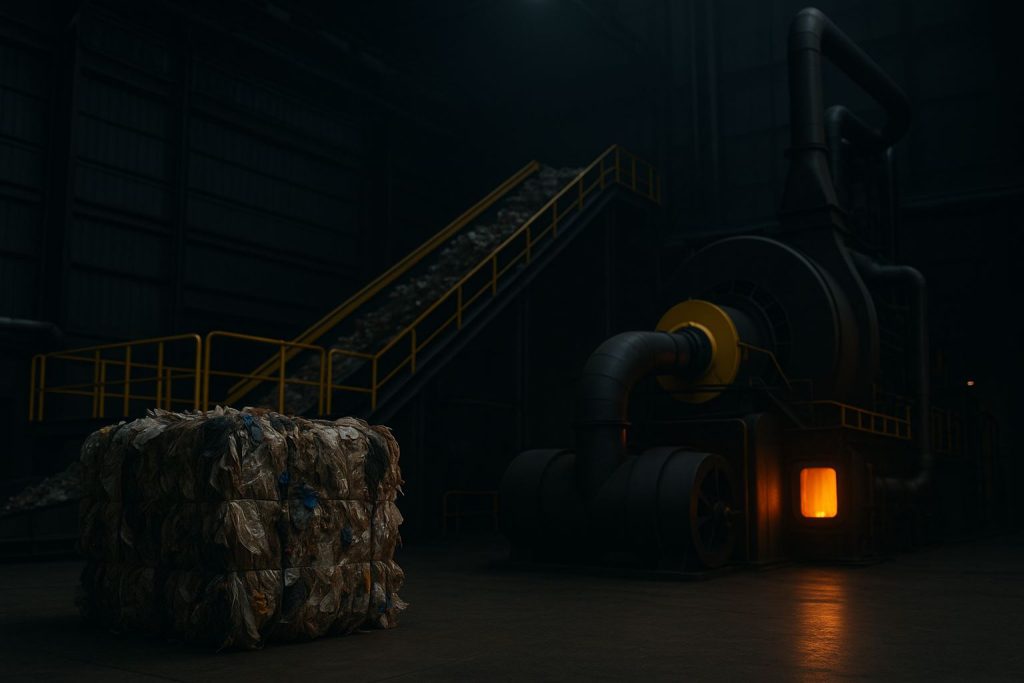 Peluang proyek waste-to-energy digambarkan melalui fasilitas industri modern dengan conveyor, bale sampah terkompaksi, dan tungku aktif sebagai simbol kesiapan tender.