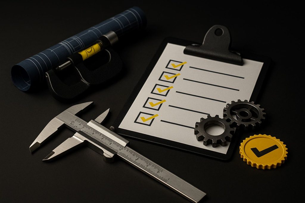 Manfaat ISO pada proyek ditampilkan melalui simbol kontrol kualitas, alat ukur presisi, dan blueprint tanpa teks untuk menegaskan standar kerja yang disiplin.