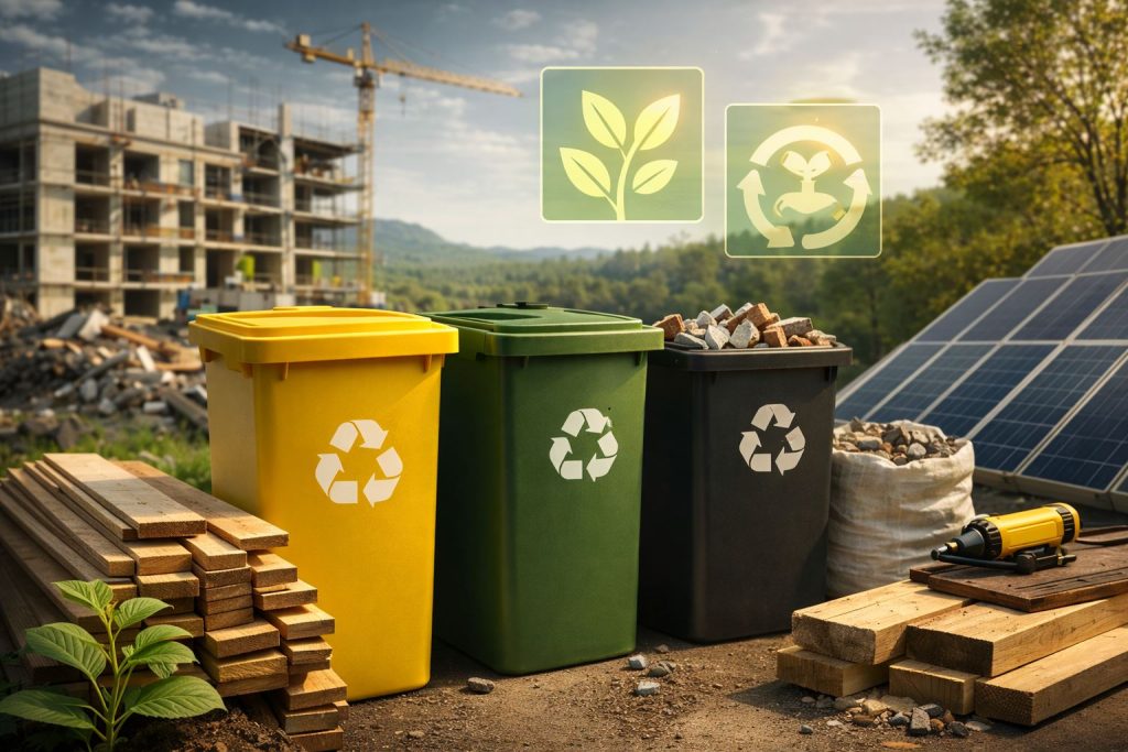 Reduksi limbah konstruksi hijau melalui pemilahan material, pemanfaatan ulang, dan praktik pembangunan berkelanjutan di area proyek tanpa kehadiran manusia.