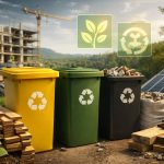 Reduksi limbah konstruksi hijau melalui pemilahan material, pemanfaatan ulang, dan praktik pembangunan berkelanjutan di area proyek tanpa kehadiran manusia.