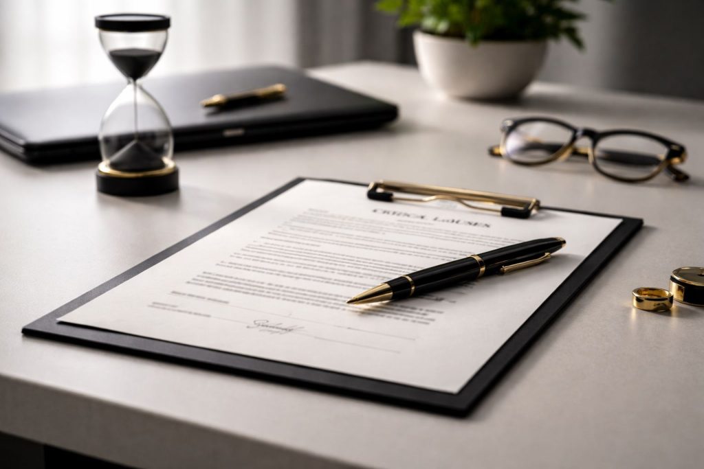 Ilustrasi foto meja kerja minimalis dengan dokumen kontrak dan pena, menggambarkan klausul kontrak bisnis krusial sebelum tanda tangan.