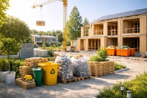 Ilustrasi area proyek konstruksi hijau dengan pemilahan material dan pengelolaan sisa bahan untuk reduksi limbah konstruksi hijau secara efektif.