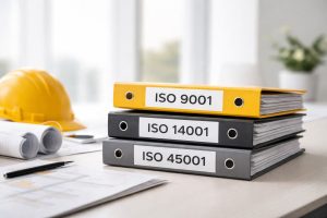 Ilustrasi dokumen dan checklist audit proyek yang menggambarkan manfaat ISO pada proyek: mutu terukur, K3 lebih aman, dan kontrol lingkungan lebih rapi.