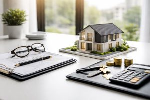 Ilustrasi meja kerja strategi listing properti efektif 2026 dengan model rumah, analisis data, dan dokumen penjualan minimalis