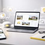 Workflow AI pemasaran properti di meja kerja minimalis: laptop menampilkan dashboard listing, analitik performa iklan, dan elemen pencarian generatif tanpa kehadiran manusia.