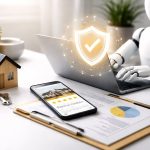 Ilustrasi minimalis tentang etika AI dalam review properti: smartphone menampilkan ulasan dan verifikasi kepercayaan di meja kerja modern.