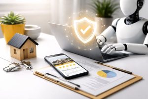 Ilustrasi minimalis tentang etika AI dalam review properti: smartphone menampilkan ulasan dan verifikasi kepercayaan di meja kerja modern.