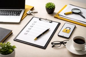 Checklist kepatuhan UU PDP untuk bisnis dengan laptop, dokumen audit, dan simbol keamanan data dalam konsep marketing dan CRM yang aman.