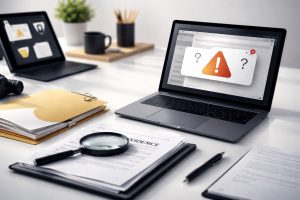 Ilustrasi minimalis SOP bukti serangan reputasi di ruang kerja profesional dengan laptop dan dokumen investigasi tanpa kehadiran manusia