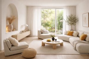 Ruang keluarga minimalis dengan pencahayaan alami lembut, tata letak lapang tanpa distraksi visual, aksen hangat yang tenang, merepresentasikan konsep desain rumah anti overwhelm.