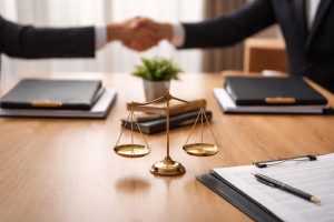 Ilustrasi simbol keseimbangan dalam strategi mediasi sengketa bisnis dengan timbangan emas di atas meja rapat profesional bernuansa minimalis.