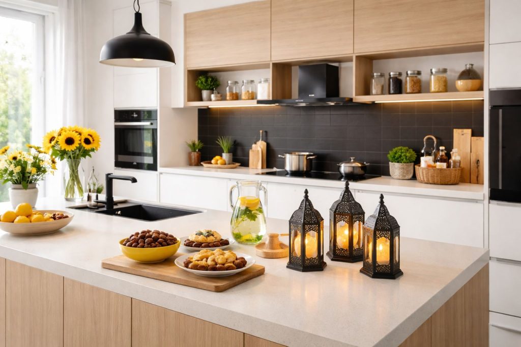 Layout dapur Ramadan fungsional dengan kitchen island minimalis, penyimpanan tertutup rapi, dan zonasi kerja efisien tanpa kehadiran manusia.