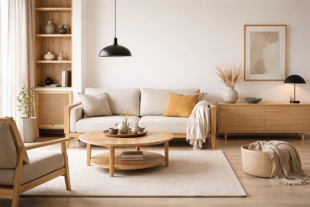 Interior ruang tamu bergaya Japandi dengan prinsip japandi rapi hangat, menampilkan tata ruang minimalis, furnitur kayu natural, sofa netral, dan pencahayaan lembut yang menciptakan suasana tenang serta nyaman.