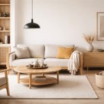 Interior ruang tamu bergaya Japandi dengan prinsip japandi rapi hangat, menampilkan tata ruang minimalis, furnitur kayu natural, sofa netral, dan pencahayaan lembut yang menciptakan suasana tenang serta nyaman.