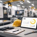 Ilustrasi suasana workshop industri dengan dashboard performa mesin sebagai representasi target OEE workshop realistis yang terukur dan berorientasi perbaikan berkelanjutan.