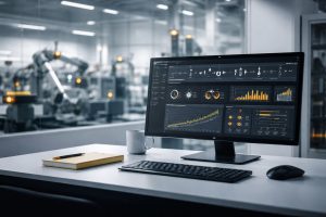 Dashboard industrial IoT di ruang kontrol pabrik modern yang menampilkan data IIoT untuk keputusan secara real-time dengan visualisasi performa mesin dan analitik operasional.