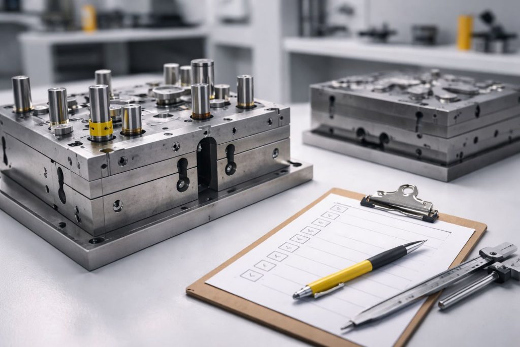 Detail mold dan dies presisi tinggi dengan alat ukur sebagai representasi checklist quality mold dies untuk memastikan repeat order manufaktur.