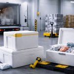 Ilustrasi visual strategi cold chain Indonesia dengan packaging insulated box dan distribusi logistik suhu terkendali di gudang modern.