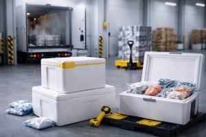 Ilustrasi visual strategi cold chain Indonesia dengan packaging insulated box dan distribusi logistik suhu terkendali di gudang modern.