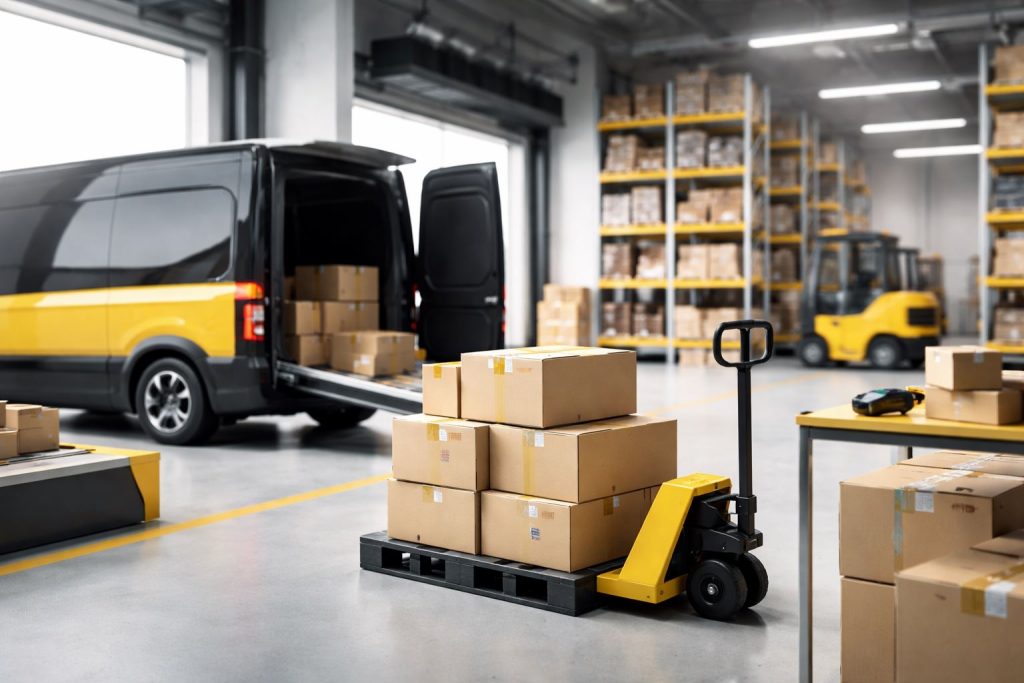 Ilustrasi sistem logistik modern untuk optimasi last mile Indonesia dengan armada distribusi dan paket tersusun rapi dalam konsep minimalis profesional.