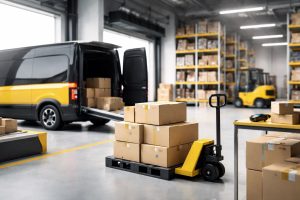 Ilustrasi sistem logistik modern untuk optimasi last mile Indonesia dengan armada distribusi dan paket tersusun rapi dalam konsep minimalis profesional.