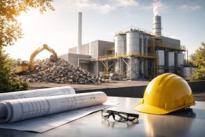 Fasilitas waste-to-energy modern dengan instalasi industri dan area operasional yang merepresentasikan analisis risiko EPC waste-to-energy dalam proyek energi berbasis limbah.