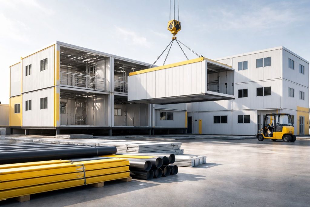 Modular untuk fasilitas industri dengan proses pemasangan unit prefabrikasi di area proyek manufaktur modern tanpa kehadiran pekerja.