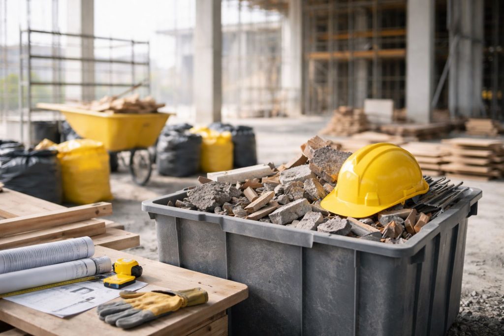 Ilustrasi reduksi scrap limbah konstruksi di area proyek bangunan dengan pemilahan material sisa secara terstruktur untuk efisiensi biaya dan operasional.