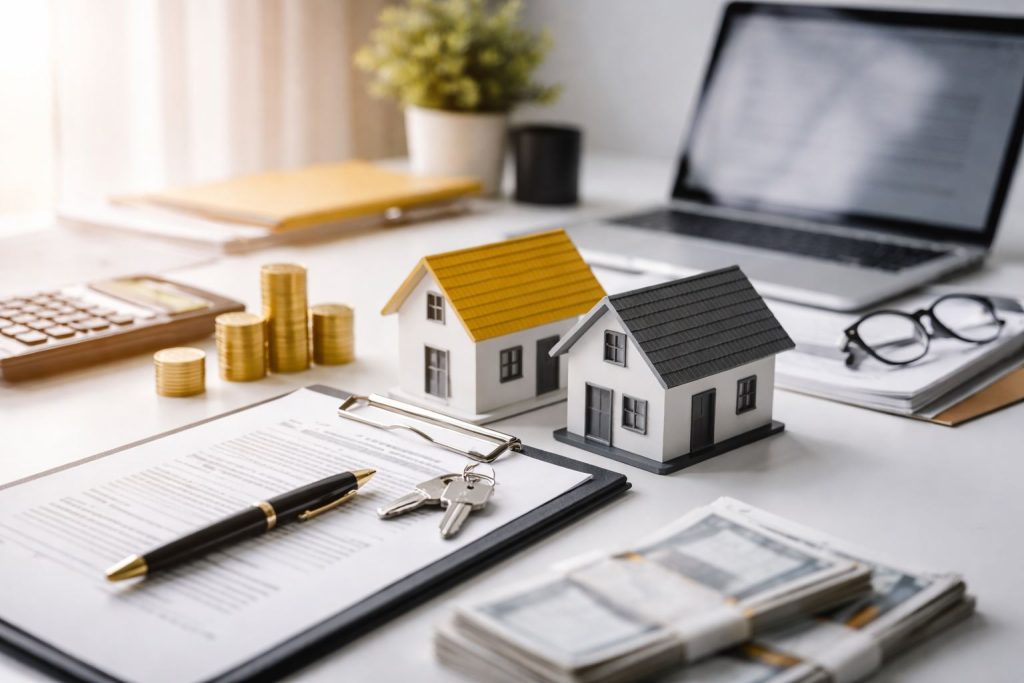 Ilustrasi meja kerja profesional dengan miniatur rumah, dokumen transaksi, dan elemen finansial yang merepresentasikan strategi deal PPN DTP untuk menyaring buyer serius dan mempercepat closing properti.