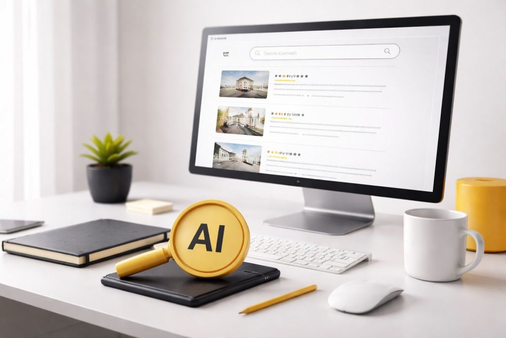 Ilustrasi workspace minimalis dengan layar menampilkan listing properti digital sebagai representasi konten listing ramah ai yang terstruktur dan mudah dipahami mesin pencari.