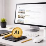Ilustrasi workspace minimalis dengan layar menampilkan listing properti digital sebagai representasi konten listing ramah ai yang terstruktur dan mudah dipahami mesin pencari.