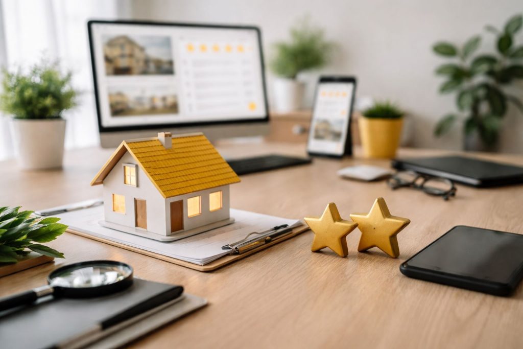 Ilustrasi strategi trust review properti dengan laptop menampilkan ulasan agen real estate yang diperiksa menggunakan kaca pembesar, simbol transparansi dan verifikasi digital.
