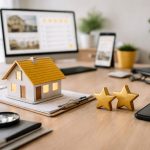 Ilustrasi strategi trust review properti dengan laptop menampilkan ulasan agen real estate yang diperiksa menggunakan kaca pembesar, simbol transparansi dan verifikasi digital.