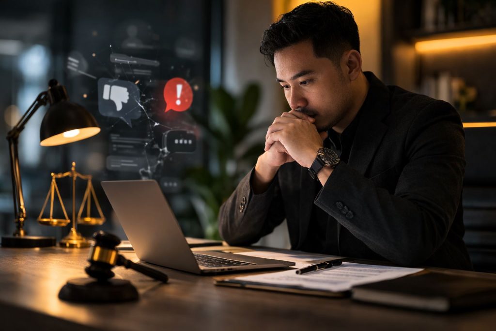 Profesional bisnis menelaah strategi hukum untuk melindungi reputasi bisnis online dari serangan dan pencemaran nama baik di internet