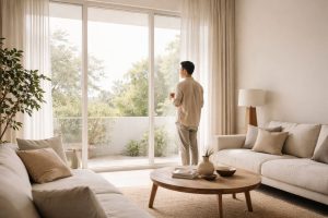 Pencahayaan alami rumah pada ruang tamu minimalis yang menciptakan suasana hangat, tenang, dan nyaman bagi penghuni