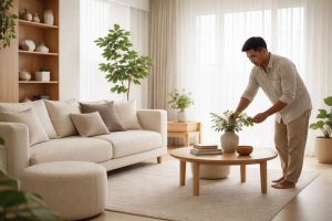 Interior rapi nyaman dengan ruang keluarga minimalis yang tenang, fungsional, dan estetik untuk menciptakan suasana rumah lebih hangat dan nyaman