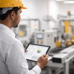 Ilustrasi target OEE realistis dalam strategi produksi modern yang menekankan efektivitas mesin, pengurangan downtime, dan evaluasi kinerja tim secara terukur