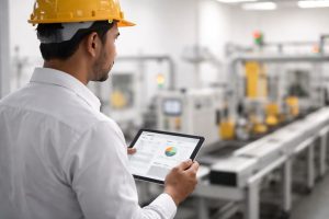 Ilustrasi target OEE realistis dalam strategi produksi modern yang menekankan efektivitas mesin, pengurangan downtime, dan evaluasi kinerja tim secara terukur