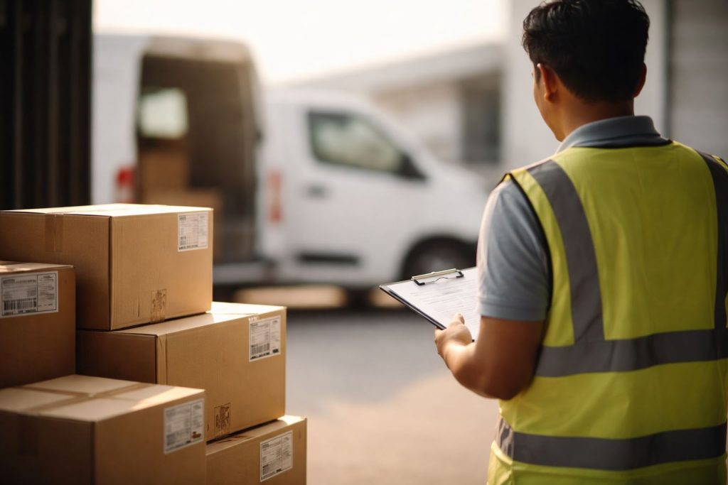Proses distribusi paket pada tahap last mile logistik ketika petugas memeriksa pengiriman sebelum dikirim ke alamat pelanggan