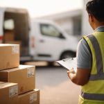 Proses distribusi paket pada tahap last mile logistik ketika petugas memeriksa pengiriman sebelum dikirim ke alamat pelanggan