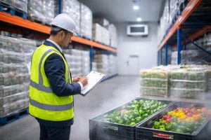Proses inspeksi kualitas produk segar di fasilitas cold storage sebagai bagian penting dari sistem cold chain logistik untuk menjaga stabilitas suhu dan kualitas barang selama distribusi.