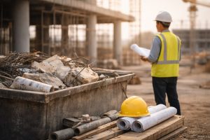Scrap proyek konstruksi di area lapangan yang memicu pemborosan material, rework, dan penurunan efisiensi pekerjaan