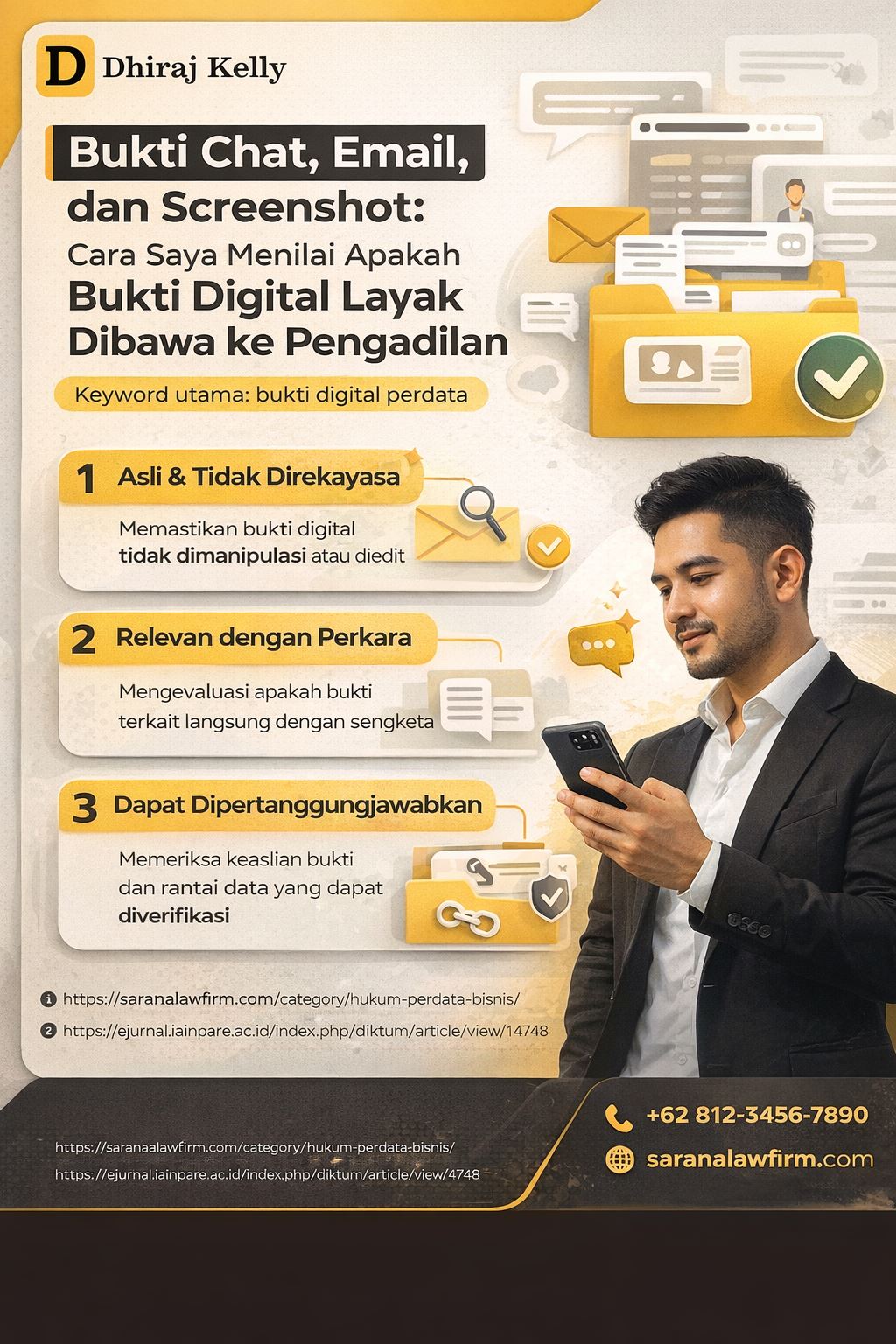 Infografis bukti digital perdata tentang cara menilai chat, email, dan screenshot agar layak dijadikan alat bukti di pengadilan