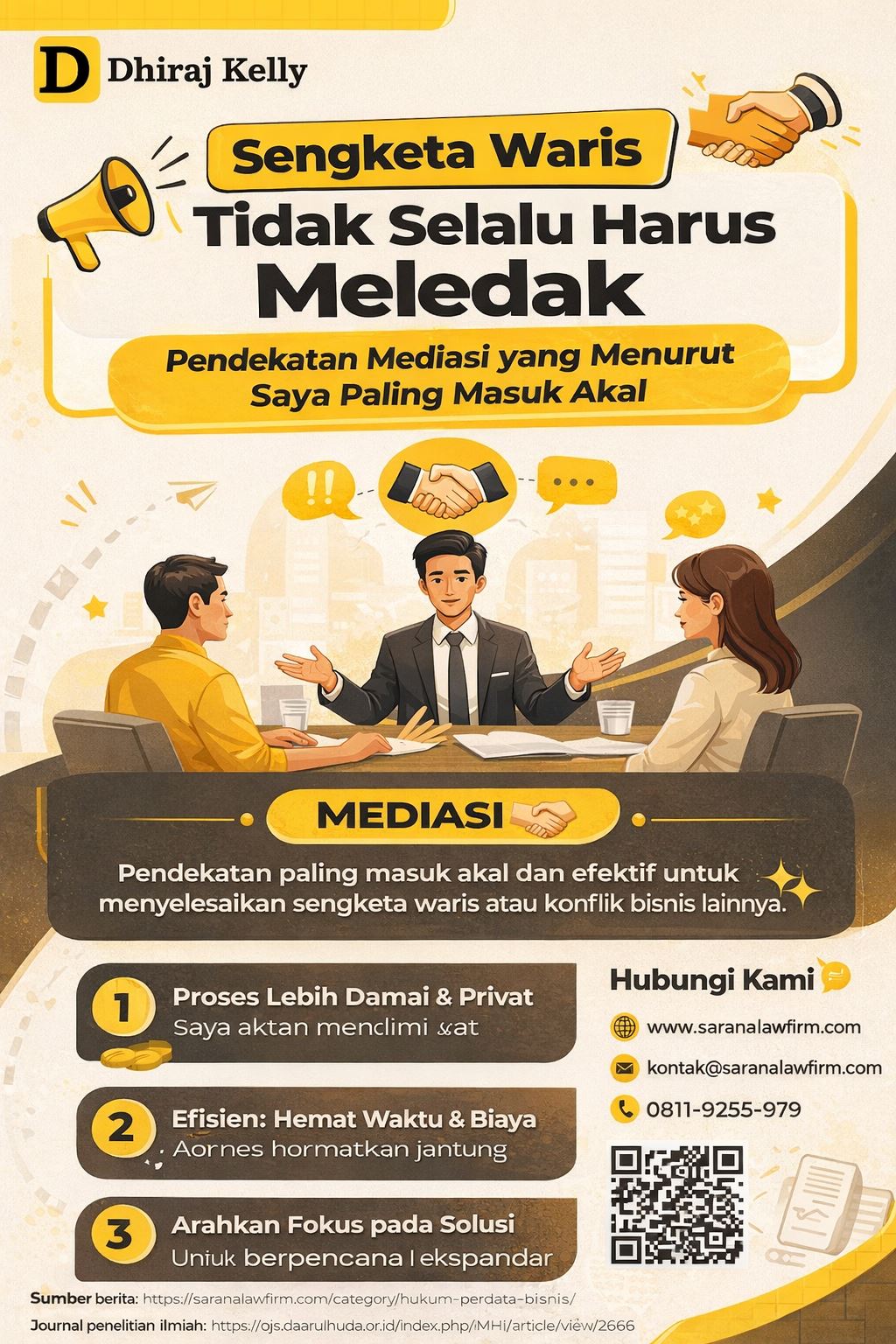 Infografis mediasi sengketa bisnis sebagai pendekatan damai dalam penyelesaian sengketa waris melalui proses dialog, negosiasi, dan solusi bersama tanpa konflik berkepanjangan.