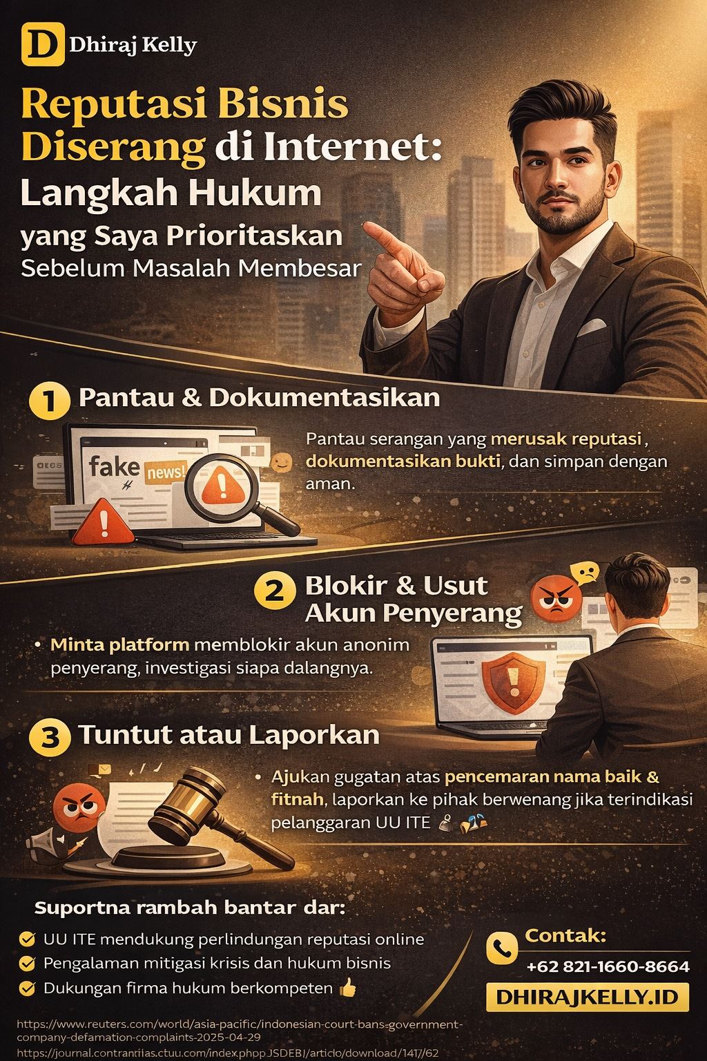Infografis reputasi bisnis online tentang langkah hukum yang diprioritaskan sebelum masalah membesar akibat serangan di internet